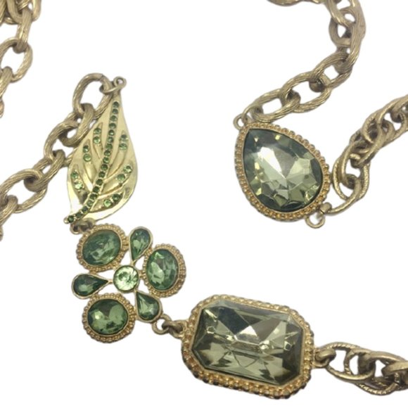 Jessica Simpson Y2K Necklace Gold Plated Green Crystals Chunky Signed Statement - Picture 2 of 3